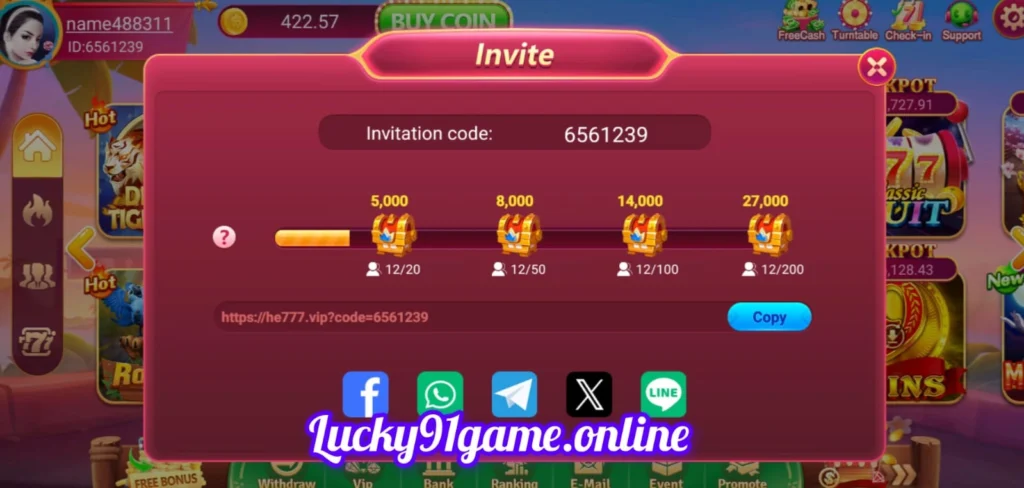 Lucky91 Game invitation rewards