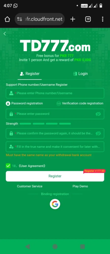 TD777 Game register