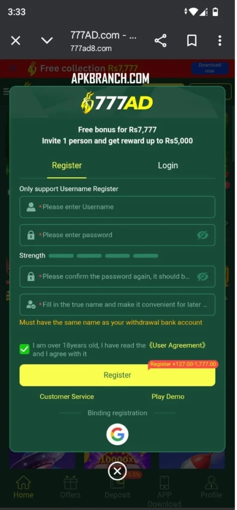 777 ad Game Register