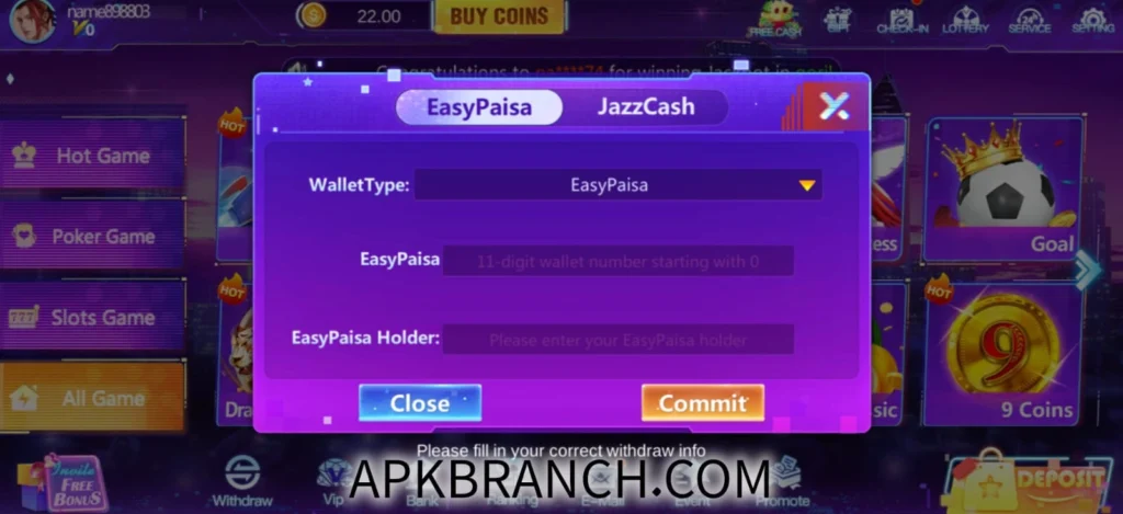 Lucky 22 Game withdrawal