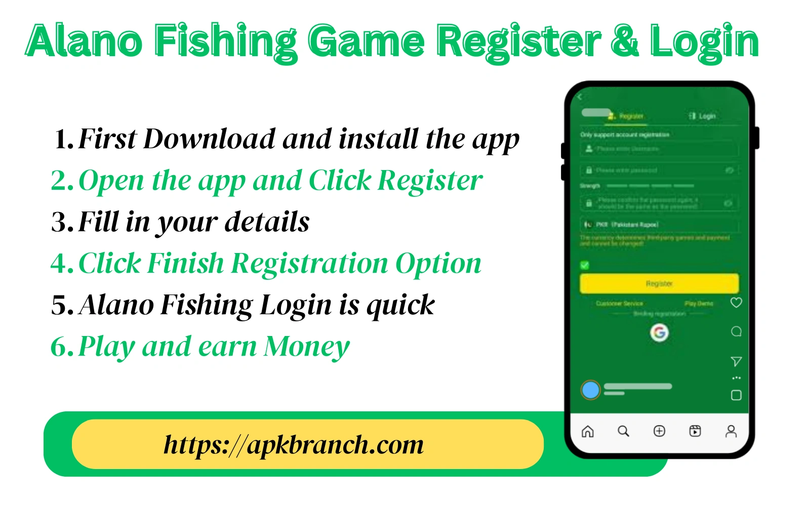 Alano Fishing Game Register and login