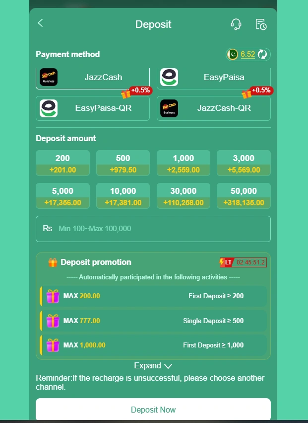 ZT777 Game Deposit section image