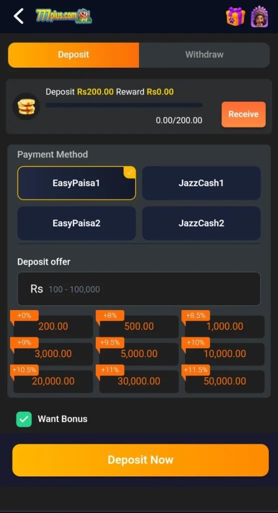 777Plus Game deposit section image